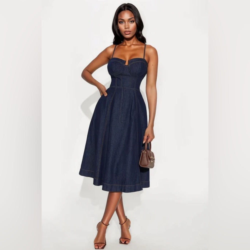 Sweet Chick Denim Midi Dress - Dark Wash BNWT SIZE LARGE
